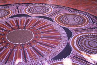 Colourful tile mosaic on the floor of the Centre for Aboriginal Studies lobby